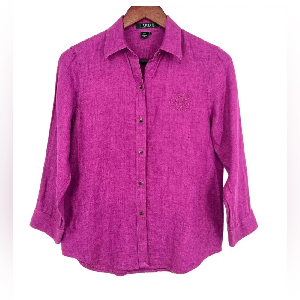 Lauren by Ralph Lauren Crest 100% Linen Womens Size PL Pink Blouse Shirt Top